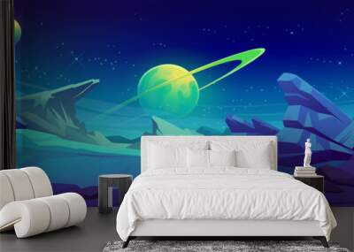 Mars surface, alien planet landscape. Night space game background with ground, mountains, stars, Saturn and Earth in sky. Vector cartoon fantastic illustration of cosmos and dark martian surface Wall mural