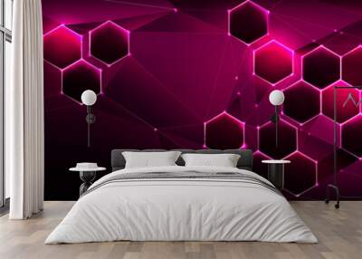 Medical or tech dark background with pink hexagon abstract pattern and bright flare. Realistic 3d vector illustration of science and technology wallpaper or banner with geometric honeycomb texture. Wall mural