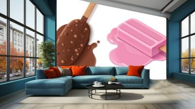 Melted ice cream set isolated on white background. Vector realistic illustration of chocolate with ground nuts and vanilla dessert on wooden stick, sweet sticky puddle, restaurant menu or food design Wall mural