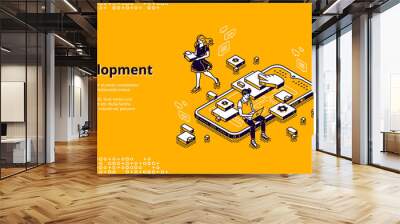 Mobile app development isometric landing page. User experience, ui ux phone interface design creation. Tiny people at huge smartphone work on gadget software application, 3d vector line art web banner Wall mural