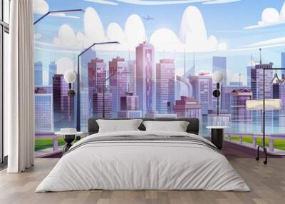 Modern cityscape with highway and plane in sky. Vector cartoon illustration of futuristic urban landscape, helicopter on roof of skyscraper, apartment houses and office buildings, clouds in blue sky Wall mural