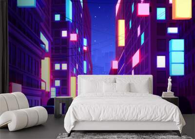 Modern night city rooftop view. Vector cartoon illustration of skyscraper towers with pink and blue neon signboards, yellow light in illuminated windows, futuristic metaverse cityscape, stars in sky Wall mural