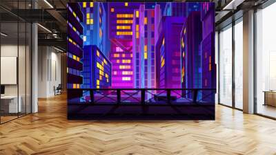 Modern night city view from top of roof. Cartoon vector illustration of cityscape illuminated with colorful neon lights in windows, skyscraper buildings shining in darkness, megalopolis architecture Wall mural