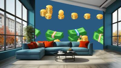 Money cash icons in stacks with different number of coins and bills. Vector cartoon set of bank currency with green banknotes in bundles and golden coins isolated on blue background Wall mural