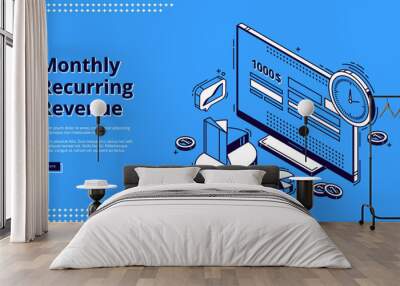 Monthly recurring revenue, mrr isometric landing page. Computer desktop with budget or payment calculator on screen, clock, coins and graphs around. Earning analysis 3d vector line art web banner Wall mural