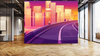 Morning cityscape with highway bridge across river. Cartoon vector illustration of golden sunrise or sunset light reflecting in glass windows of modern city skyscrapers on bank of lake or seashore Wall mural