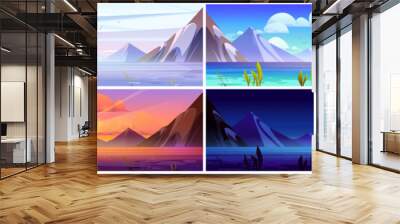 Mountain landscape with lake view set. Vector cartoon illustration of beautiful natural scene with rocky Alpine range under moon light, clear blue water in river, birds flying in sunset or morning sky Wall mural