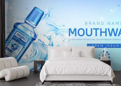 Mouthwash bottle in water splash. Vector realistic brand poster with cosmetic product for dental care, mouth rinse for tooth protection. Promo banner, advertising background Wall mural