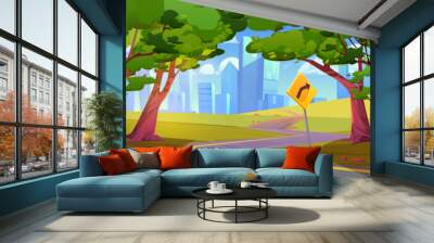 Nature landscape with road, city on horizon, trees and clouds in sky. Summer scene with empty highway, green fields, road sign and town buildings, vector cartoon illustration Wall mural