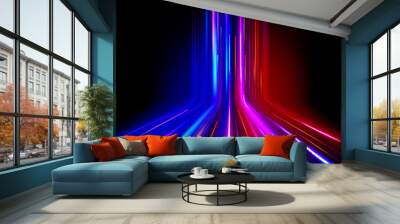 Neon glowing fiber with high speed motion effect. Blue and red line streaks of data network or energy flow. Realistic vector illustration of modern technology particle with fast luminous movement. Wall mural