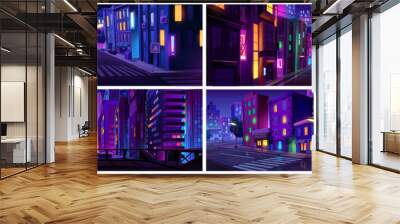 Neon light on night city road street cartoon landscape set of illustration. Urban vector skyline background with building and road at nighttime. Empty dark game panorama scene collection. Wall mural