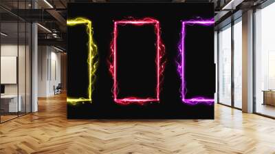 Neon lightning effect electric glow frame vector. Magic spark border with thunder sign energy. Magic portal rectangle shape with led plasma discharge in pink, green, gold, purple bright color. Wall mural