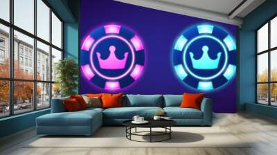 Neon poker game chips with crown light vector. Isolated 3d led chips icon in green, pink, blue and yellow set for Vegas online app. Vip gambling currency token wealth for blackjack digital design Wall mural