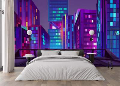 Night city with neon glowing illumination view from roof. Urban cityscape background with residential constructions. Modern futuristic megalopolis architecture buildings, Cartoon vector Illustration Wall mural