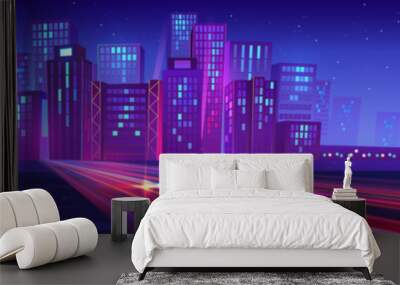 Night neon city with speed road motion background. Abstract skyscraper cityscape bright laser way. Power highway glow in metaverse landscape. Fast energy trail view on speedway urban illustration Wall mural