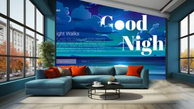 Night walks banner. Travel tour of evening walking on ocean beach. Vector landing page with cartoon summer landscape with sea, coastline and clouds on midnight sky Wall mural