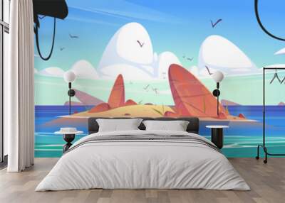 Ocean or sea nature landscape with shallow or land with rocks in clean water under fluffy clouds and gulls flying in sky and lianas on trees. Panoramic seascape background, Cartoon vector illustration Wall mural