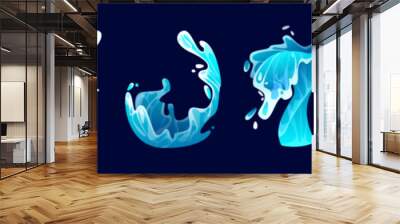 Ocean water wave splash. Sea surf cartoon vector icon. Liquid drop stream summer game graphic. Isolated fluid high falling tsunami swirl vfx design. Storm motion clipart for environment illustration Wall mural