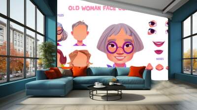 Old asian woman character, senior person face construction set. Chinese grandmother, elderly lady avatar generator with different hairstyles and face parts, vector cartoon illustration Wall mural