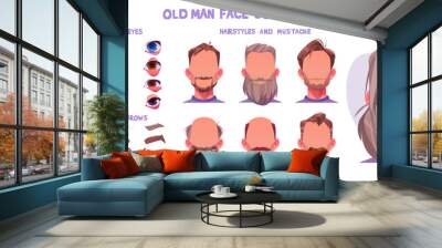 Old man face animation constructor, cartoon elderly male character creation set with various hairstyles, eyes, noses, lips, eyebrows, beards or mustaches, isolated aged white personage, Vector kit Wall mural