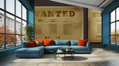 Old western poster with wanted sign, reward and empty frame. Realistic vector illustration set of vintage brown grunge paper templates. Ancient torn parchment for to search for wild west bandit. Wall mural