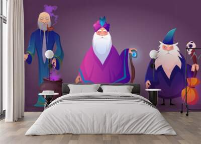 Old wizard cartoon character with magic stuff. Vector illustration set of three different cultures magician warlock man with grey long beard prepare potion in cauldron, hold fantasy stick and broom. Wall mural