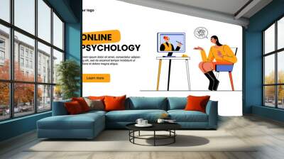 Online psychology landing page. Depressed woman with tangled thoughts consulting with therapist on computer screen. Distant mental helpline with psychologist, Cartoon flat vector line art web banner Wall mural