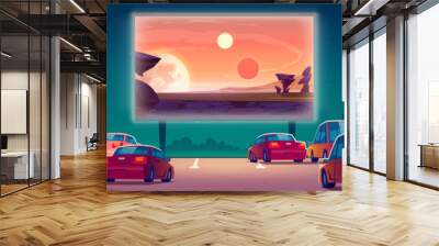 Outdoor cinema, drive-in movie theater with cars on open air parking. Vector cartoon summer night city with fantastic film on screen and automobiles. Urban entertainment, film festival Wall mural