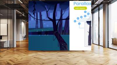 Parallax background night forest, nature 2d landscape, mysterious wood with moonlight glow and flying fireflies. Cartoon game scene with separated layers, scenery panoramic view, Vector illustration Wall mural