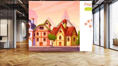 Parallax game background medieval town street with old european buildings. Cartoon 2d cityscape separated layers for game with vintage half-timbered facade of houses along road, Vector panoramic scene Wall mural