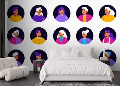 People avatars for social media or profile in app. Vector of flat portraits of men and women characters with different hairstyles, glasses and beard in black circle frames Wall mural