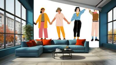 People hold hands, smiling happy men and women stand in row together. Modern multicultural society happiness or friendship. Male and female characters community Cartoon linear flat vector illustration Wall mural