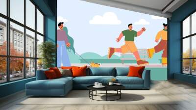 people run, ride on roller skates and walk with dog on leash in park. vector flat illustration of su Wall mural