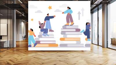 People stand on book piles and help friends to climb up the top. Education, teamwork, learning via reading. Characters studying, self development and goal achievement Linear flat vector illustration Wall mural