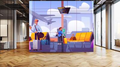 People with suitcases in airport waiting room with airplane over large window, seats and screen with information, metal detector. Cartoon vector man and woman passenger with baggage in airline hall. Wall mural