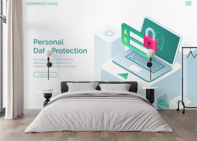 Personal data protection isometric landing page. Internet social networks media cyber privacy, protect confidential information. Laptop screen with lock, login and password form, 3d vector web banner Wall mural