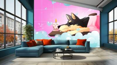 Pet spa salon with cute dog lying with towel and stones. Vector cartoon illustration of grooming service for domestic animals. Happy dog relax in bathroom with soap foam and candle Wall mural