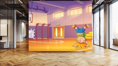 Playful children in school gym. Contemporary vector cartoon illustration of two happy boys jumping, smiling on basketball court, active friends having fun together, sports education, indoor activity Wall mural