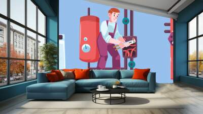 Plumbers service, plumbing maintenance concept. Vector set of flat illustrations with handyman repairs pipes and boiler with wrench, professional repairman fix leakage in washing machine Wall mural