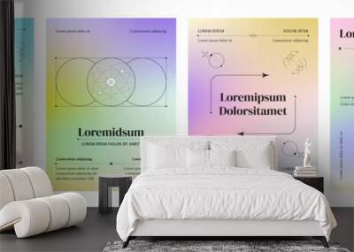 Poster and banner template in y2k style with pastel fluid colors gradient background and simple geometric grad line elements. Vector set of design layout with hologram rainbow effect and typography. Wall mural