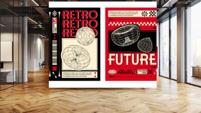 Poster design in y2k aesthetic with abstract wireframe objects on black and red background. Vector banner template set in trendy retro 2000s style with grid shapes and typography. Brutal cover layout. Wall mural