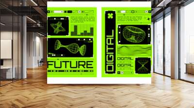 Poster design template in retro y2k style with grid abstract shapes on neon green background. Vector 2000s aesthetic cover and banner set with wireframe psychedelic geometric forms and typography. Wall mural