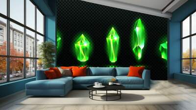 Precious emerald stones, shiny green crystals isolated on transparent background. Vector realistic set of glow gemstones different shapes, crystal gems with magic light Wall mural