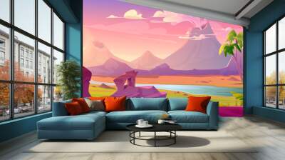 Prehistoric steaming volcanoes, cartoon volcanic background with palm trees, river and rock under pink sky with shining sun. Jurassic era of Earth evolution, tropical landscape, Vector illustration Wall mural