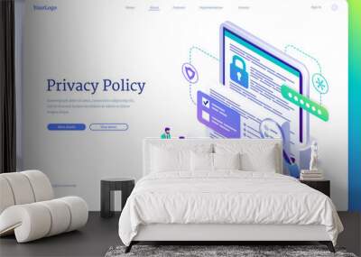 Privacy policy isometric landing page, data protection, digital security, personal confidential information online safety. Buisness people handshake at device screen with document 3d vector web banner Wall mural