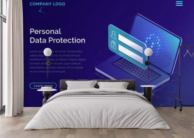 Protecting personal data concept, internet account security guarantee isometric vector. Frame with login and password in front of open laptop screen on blue honeycomb background, landing web site page Wall mural