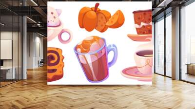 Pumpkin spice drink and desserts set isolated on white background. Vector cartoon illustration of spicy cheese cake, sweet caramel latte, cup of hot chocolate or cocoa, autumn season menu in cafe Wall mural