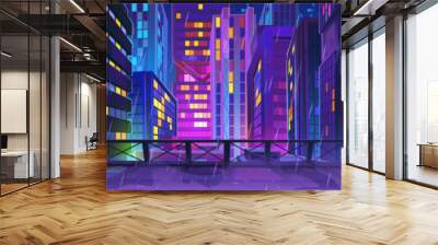 Rainy night cityscape with neon lights. Rooftop view of rainfall in modern big city, colorful skyscrapers glowing in darkness. Urban architecture, neon lights illumination. Cartoon vector illustration Wall mural