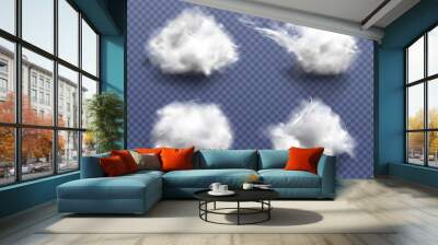 Realistic cotton wool, clouds or wadding balls set isolated on transparent background. Smooth soft pieces of white fluffy material, pure fiber close up design elements 3d vector illustration, clip art Wall mural