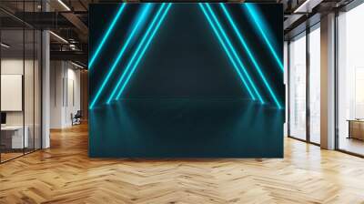 Realistic dark room with led light illumination. Vector illustration of mansard space, nightclub stage, modern art gallery interior design with neon blue lamps. Futuristic backgrouns for space game Wall mural